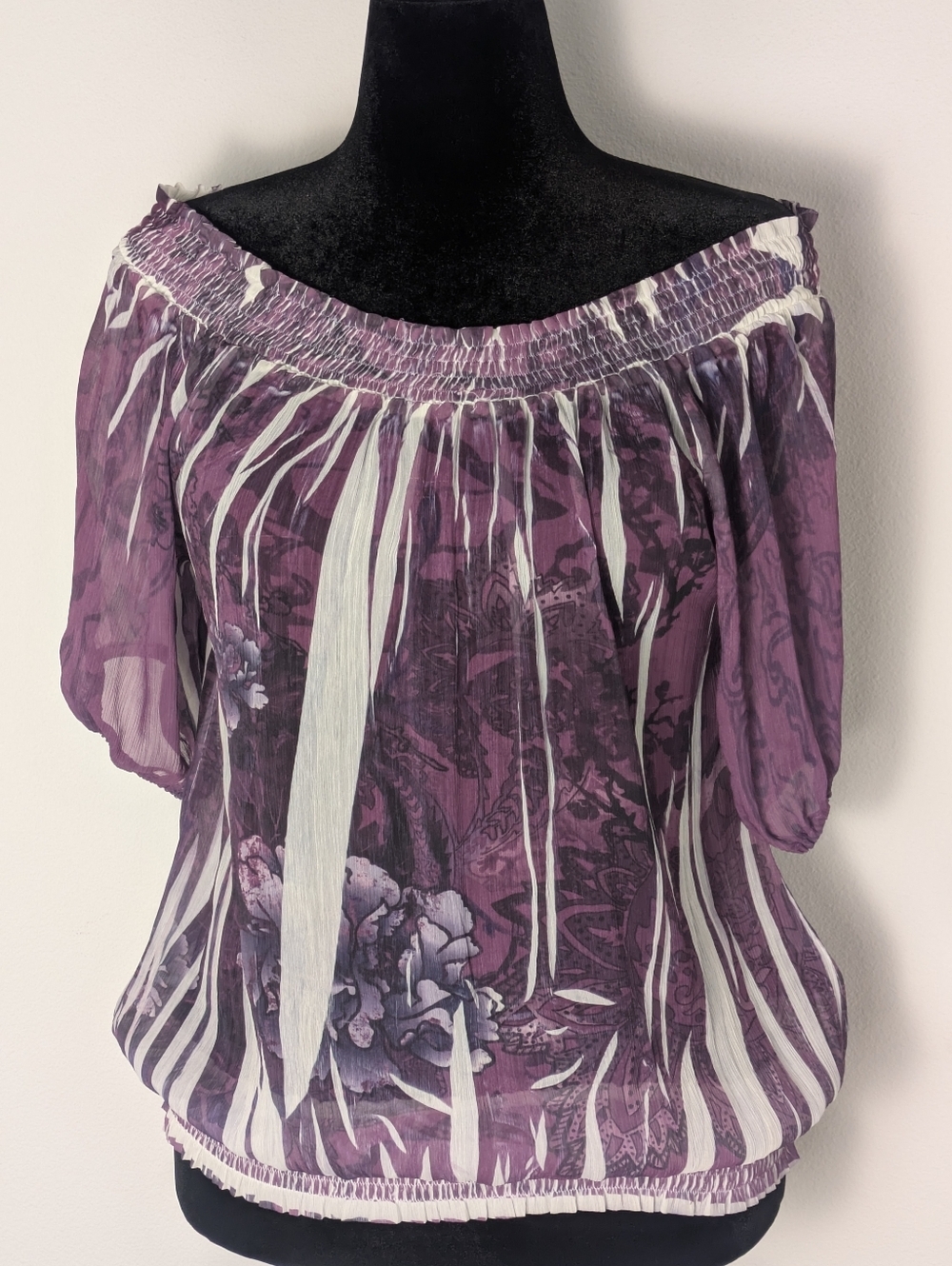 Guess Sheer Off The Shoulder Top Purple Sz XL Elastic Hem Band Floral Summer EUC